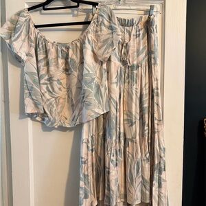 Z Supply Palm Print Matching Set | Boho Off Shoulder Top + Tiered Maxi Skirt